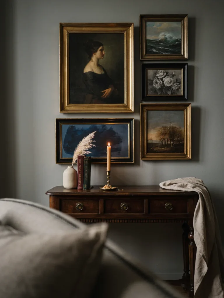A gallery wall featuring ornate gold and black frames with dark moody artwork above a dresser.