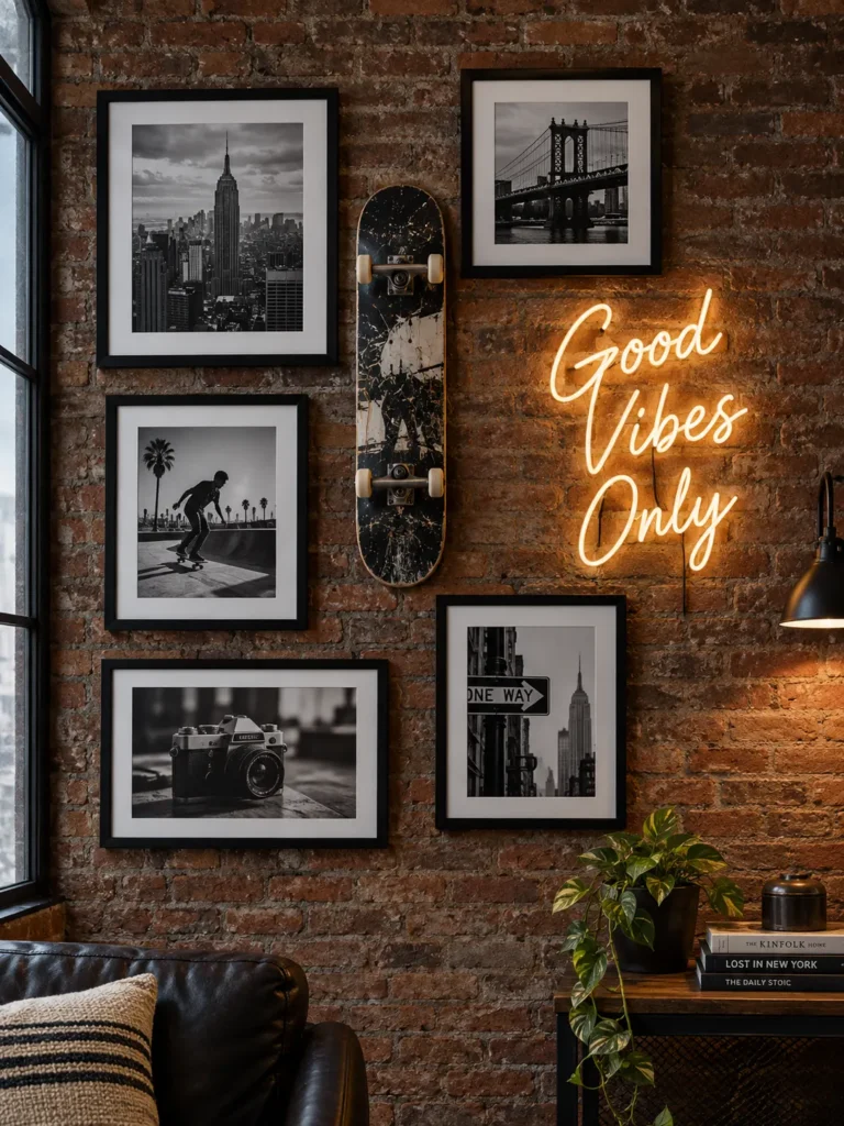 A gallery wall mixing framed black and white photography, a mounted skateboard deck