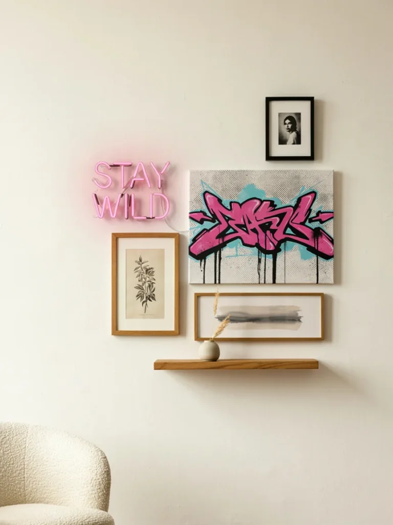 A gallery wall mixing framed prints, a neon sign, and a large scale graffiti style canvas, arranged at varying heights