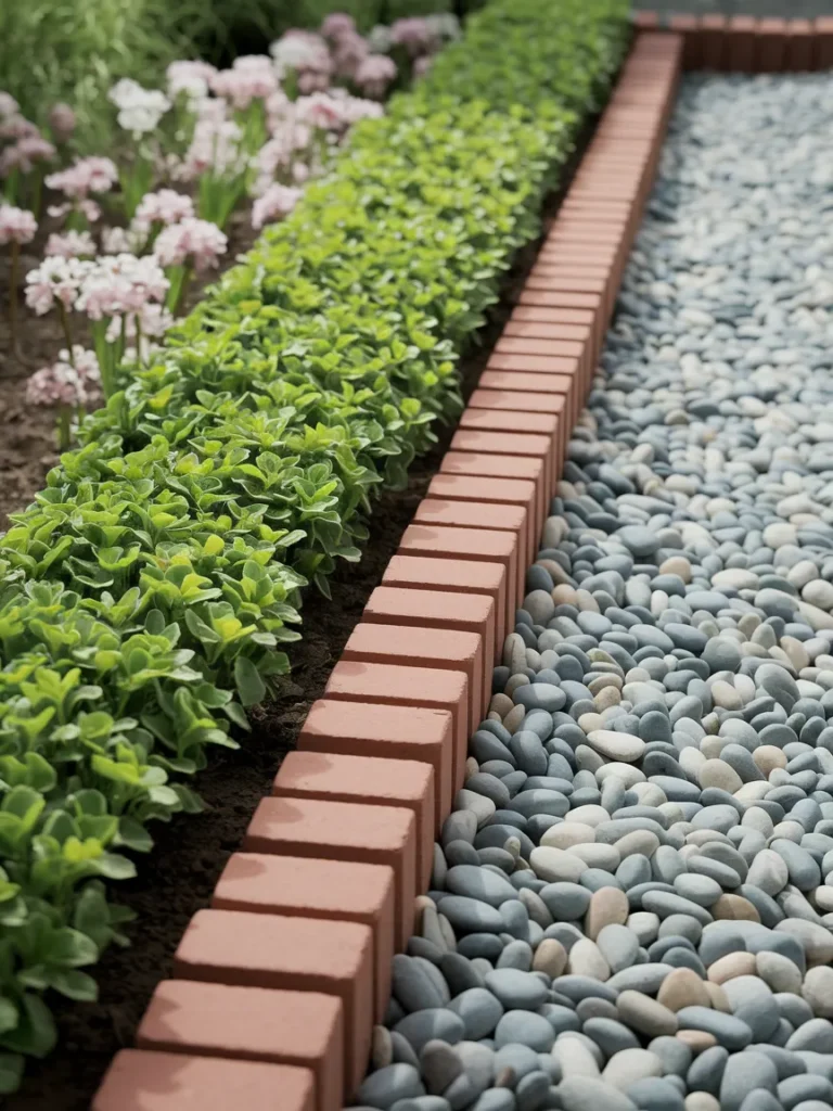 A garden bed edged with a clean row of bricks laid on their side, next to a separate bed edged with smooth loose pebbles, showing the visual contrast between the two border styles.