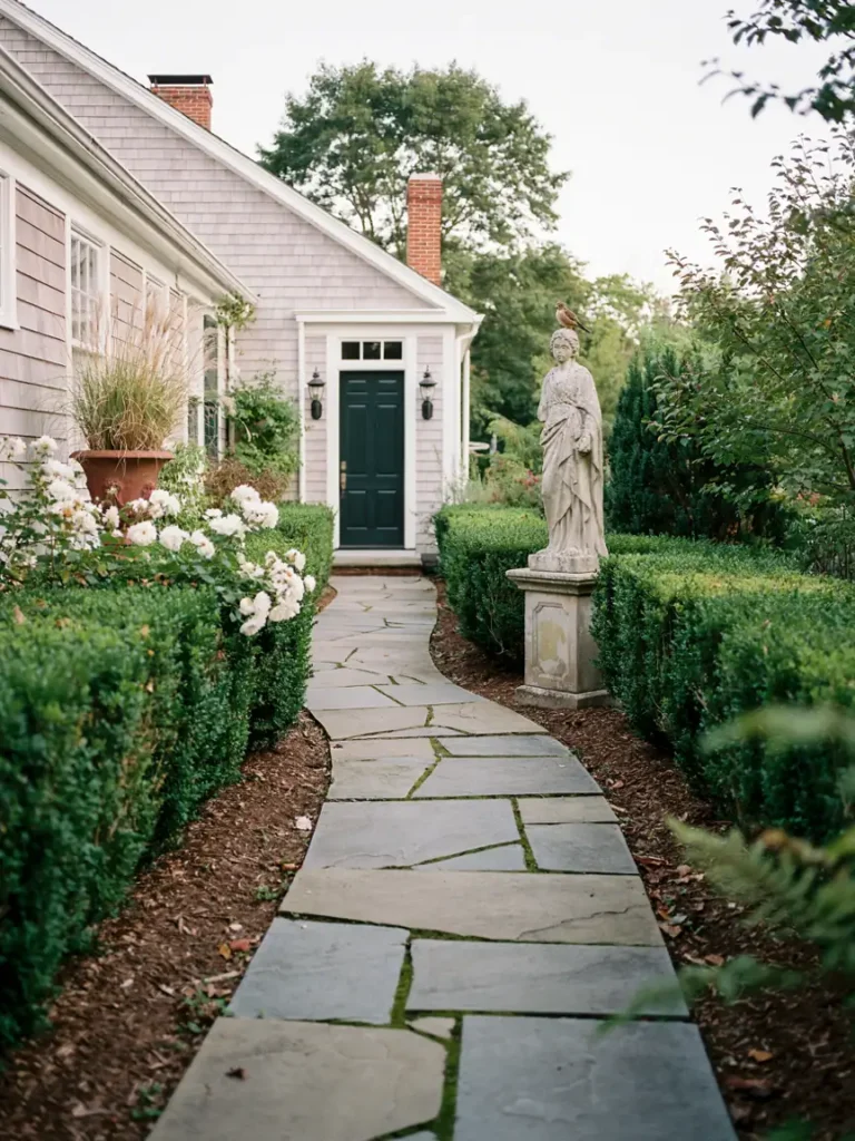 A garden path leading toward a front entryway with a statue positioned in clear view from the walkway.