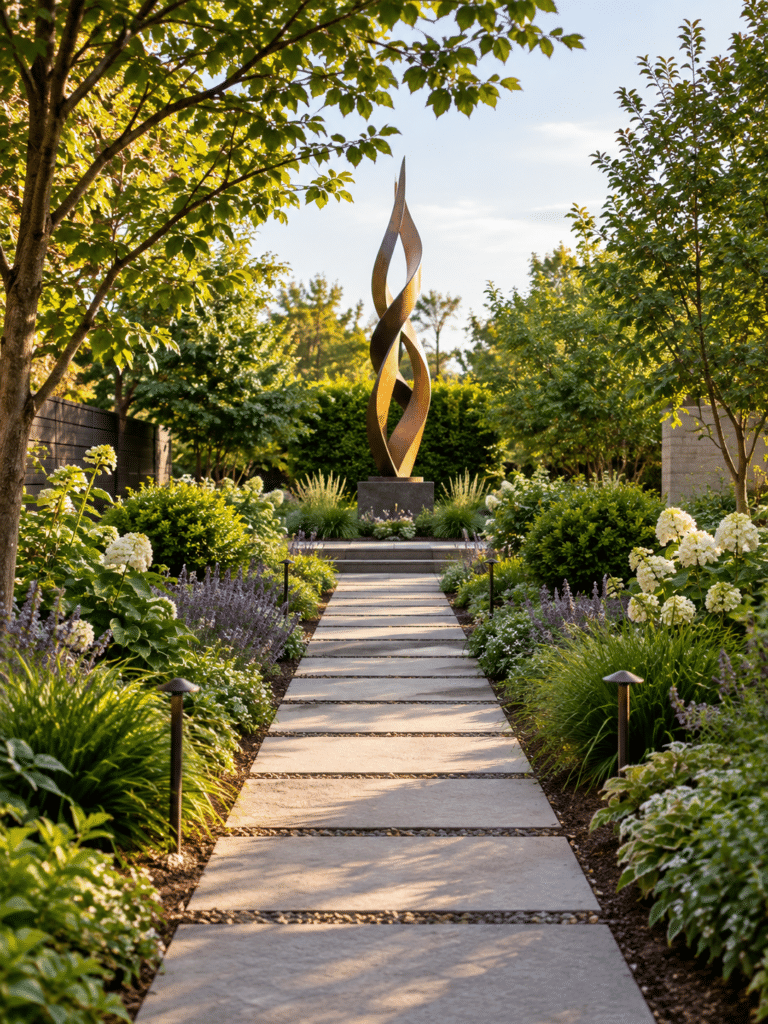 A garden path leading toward a tall metal sculpture positioned at the far end
