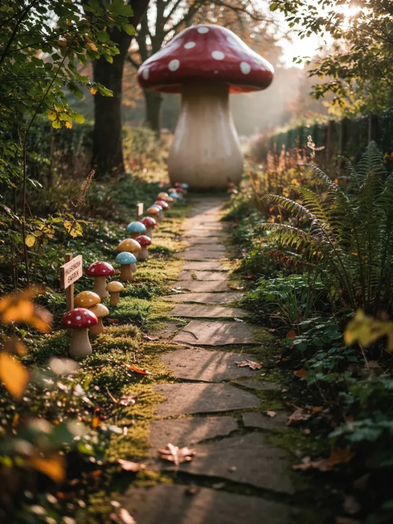 A garden path lined with small mushroom figures on one side and a single oversized mushroom statue anchoring the far end, illustrating the contrast in scale