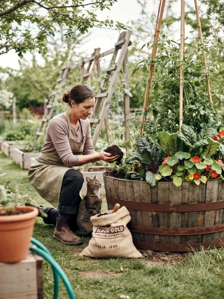 A gardener adding fresh compost to the top of an established barrel garden at the start of a new growing season