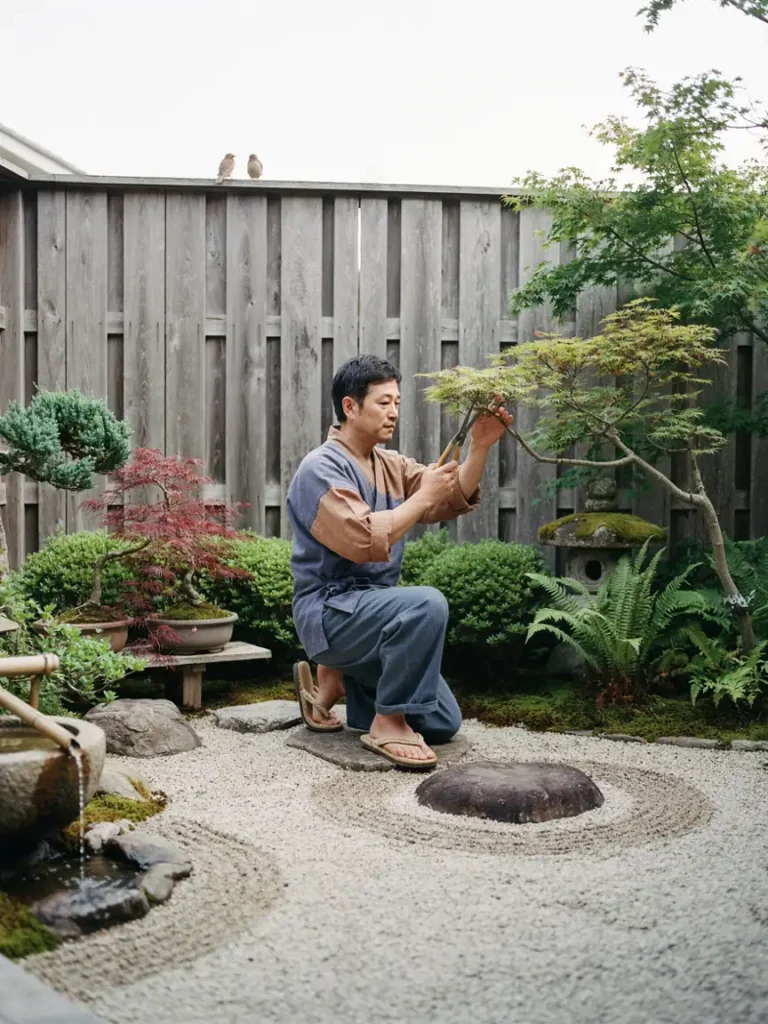 A gardener dressed in traditional loose cotton Japanese work clothes with earthy tones, tending to a Japanese style garden with bonsai or neatly trimmed shrubs in the background