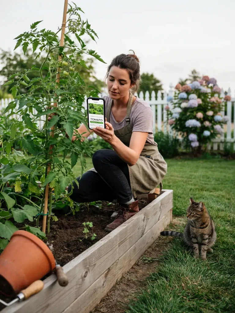 A gardener holding a smartphone up to a plant, appearing to look up its safety information, next to the plant in question in a garden bed