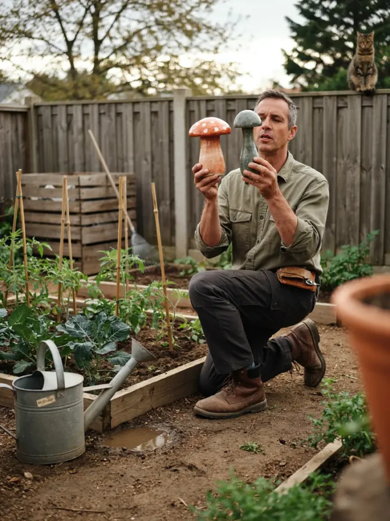 A gardener holding two different mushroom statues side by side while standing in a partially planted garden bed, appearing to compare options before deciding.