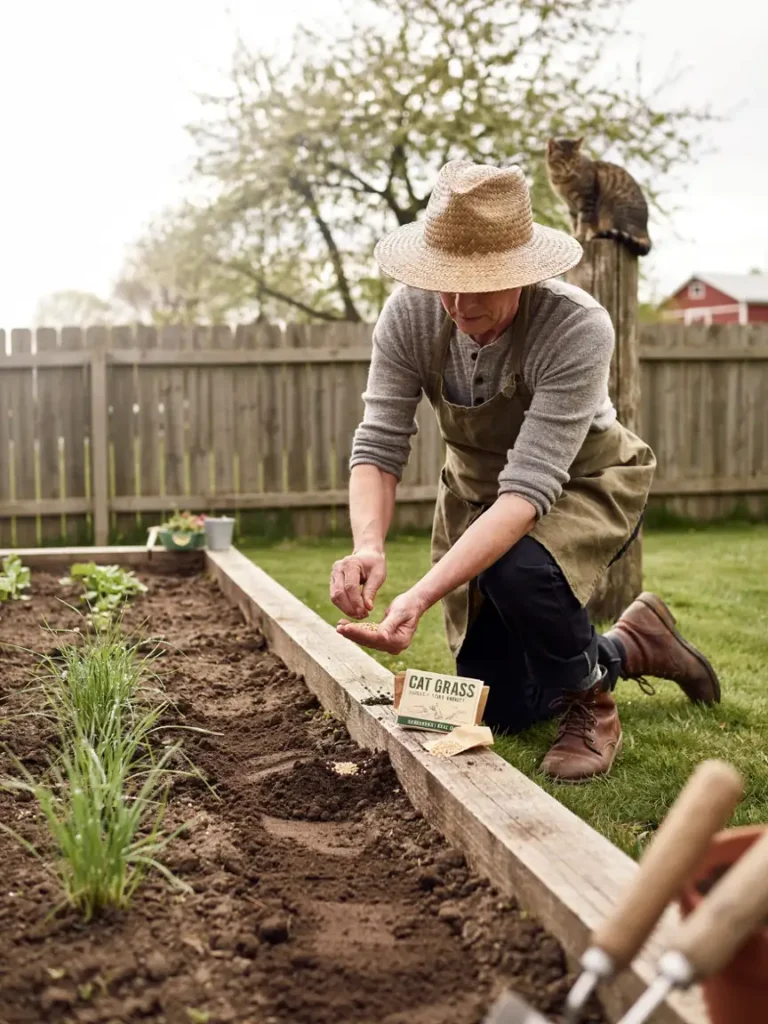A gardener planting fresh cat grass seeds in a garden bed on a bright spring day, with new green shoots already visible nearby