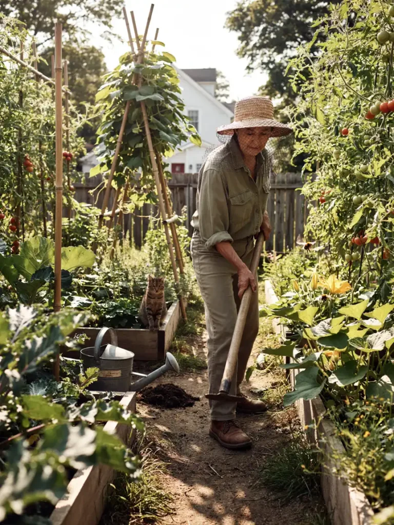 A gardener wearing a wide brimmed sun hat with an attached mesh netting veil, working among tall plants on a sunny day.