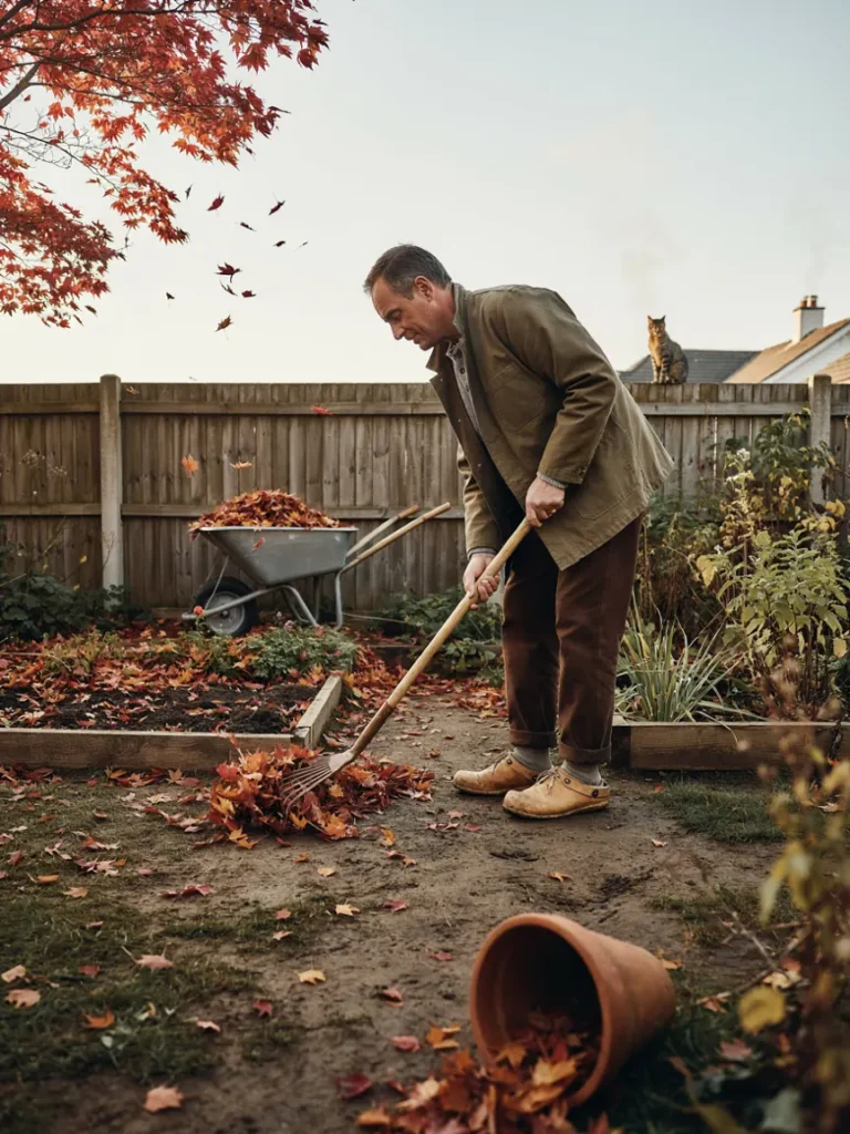 A gardener wearing clogs while raking fallen leaves and clearing garden beds in autumn colors.]