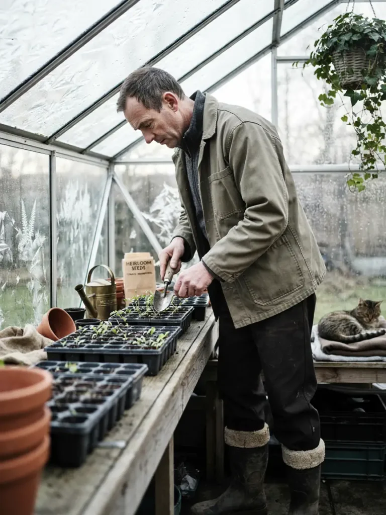 A gardener wearing insulated lined clogs or boots while tending a greenhouse or cold frame with frost visible outside