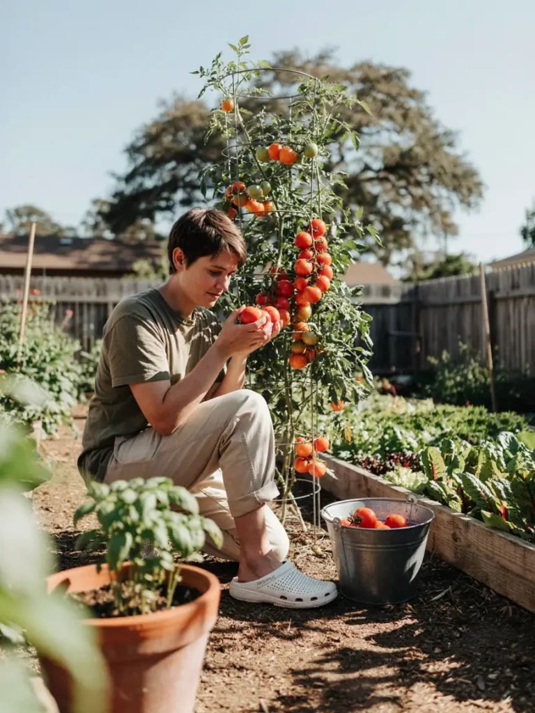 A gardener wearing lightweight breathable clogs while harvesting tomatoes under bright summer sunlight.