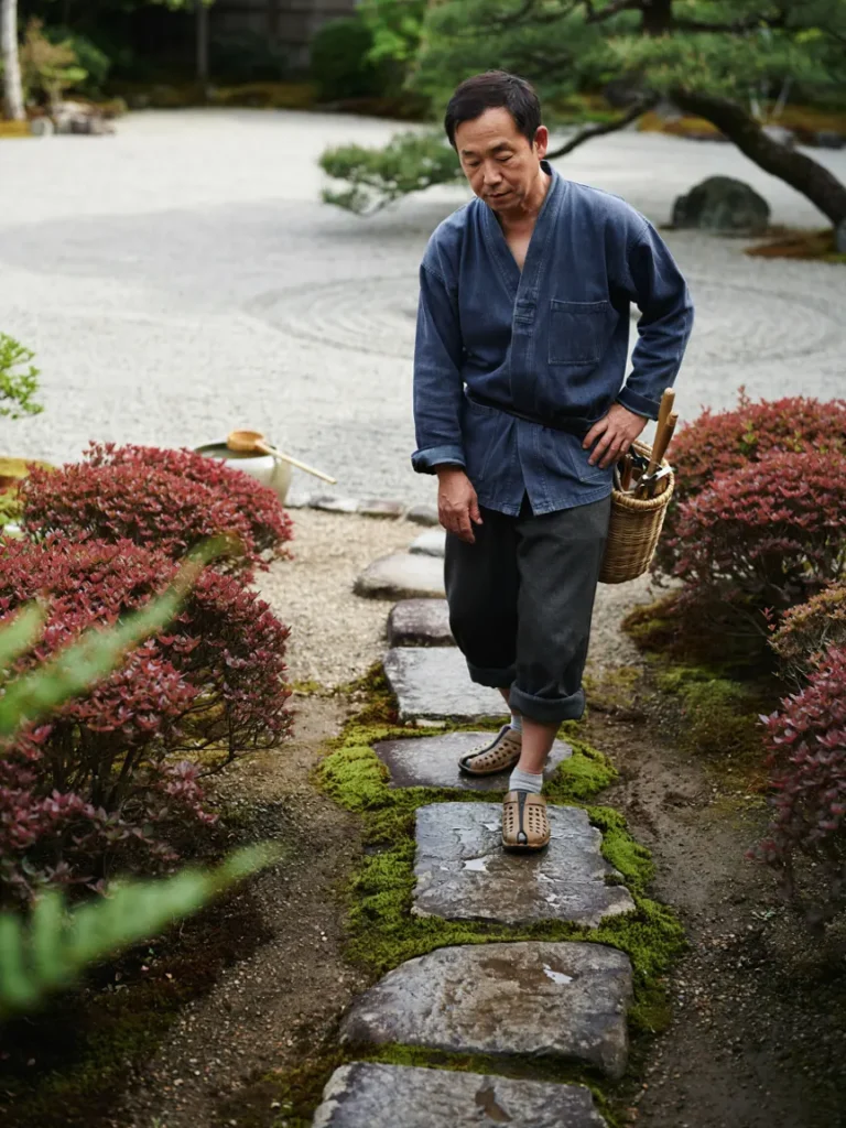 A gardener wearing split toe Japanese gardening shoes while balancing on a narrow garden path or stepping stone, demonstrating improved grip and stability.