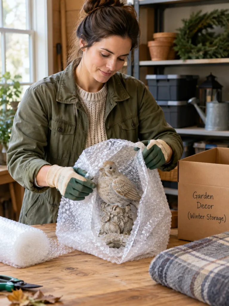 A gardener wrapping or moving a ceramic garden ornament indoors for winter storage