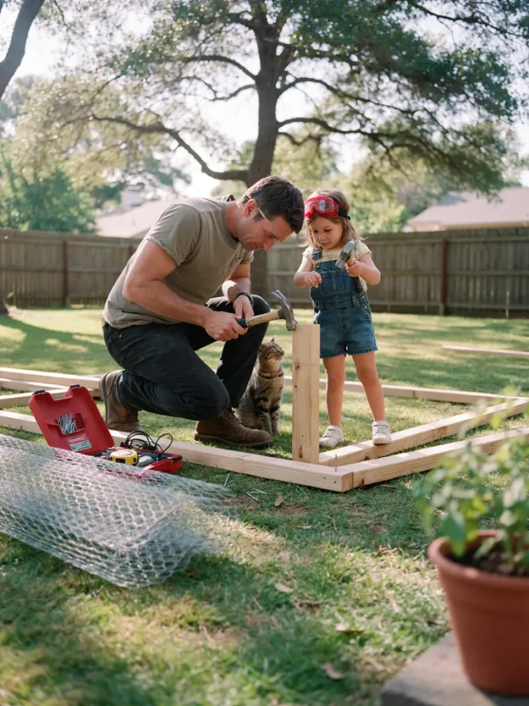 A gardening dad and his child hammering together a wooden catio frame in the backyard on a sunny weekend afternoon, tools and mesh screening laid out nearby