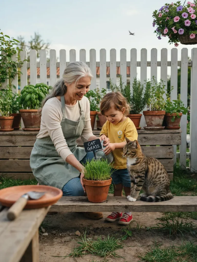 A gardening grandma showing a young grandchild how to water a pot of cat grass, both smiling, with a cat watching curiously nearby.