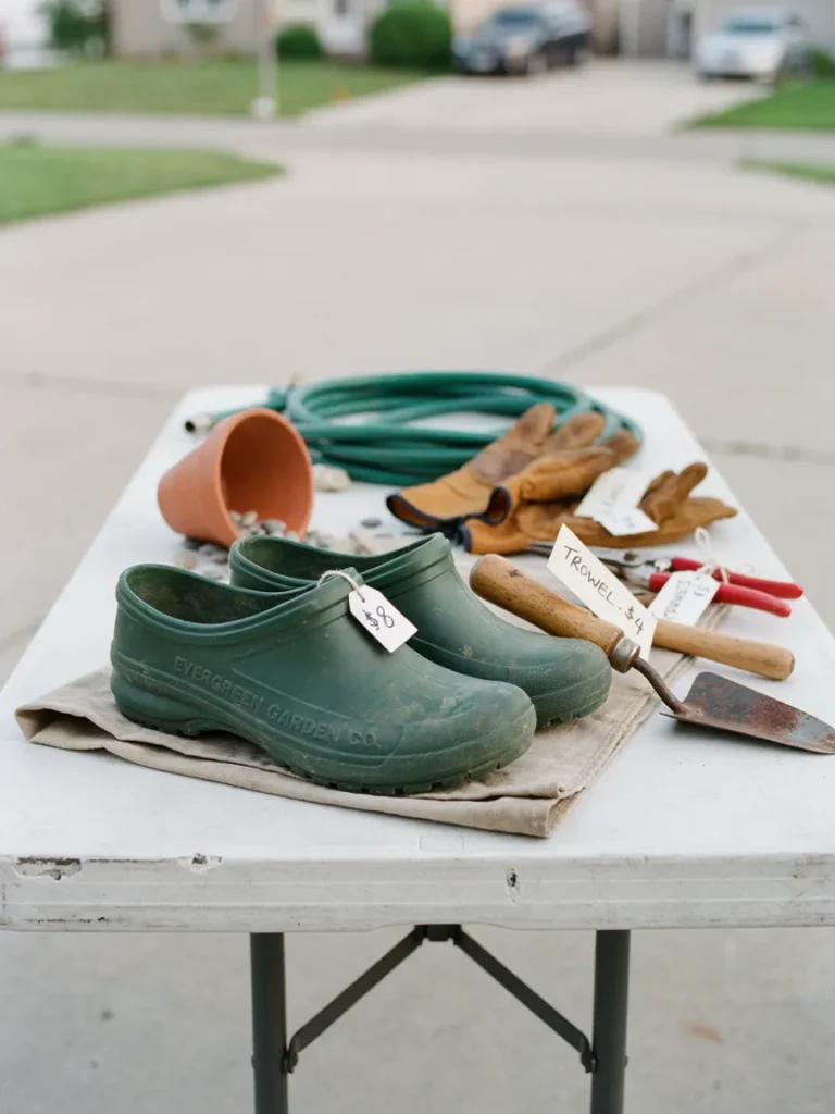A gently used pair of gardening clogs displayed at a yard sale or secondhand shop table alongside other gardening tools