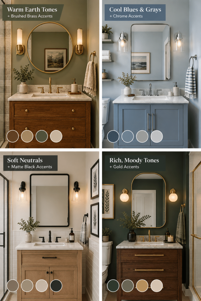 A grid of four small bathroom vignettes, each showing one of the color palettes described