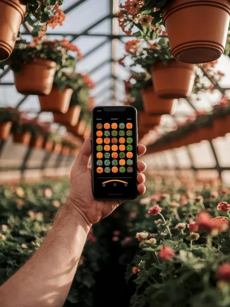 A hand holding a smartphone displaying a colorful mobile gardening app interface with plant icons and a progress bar