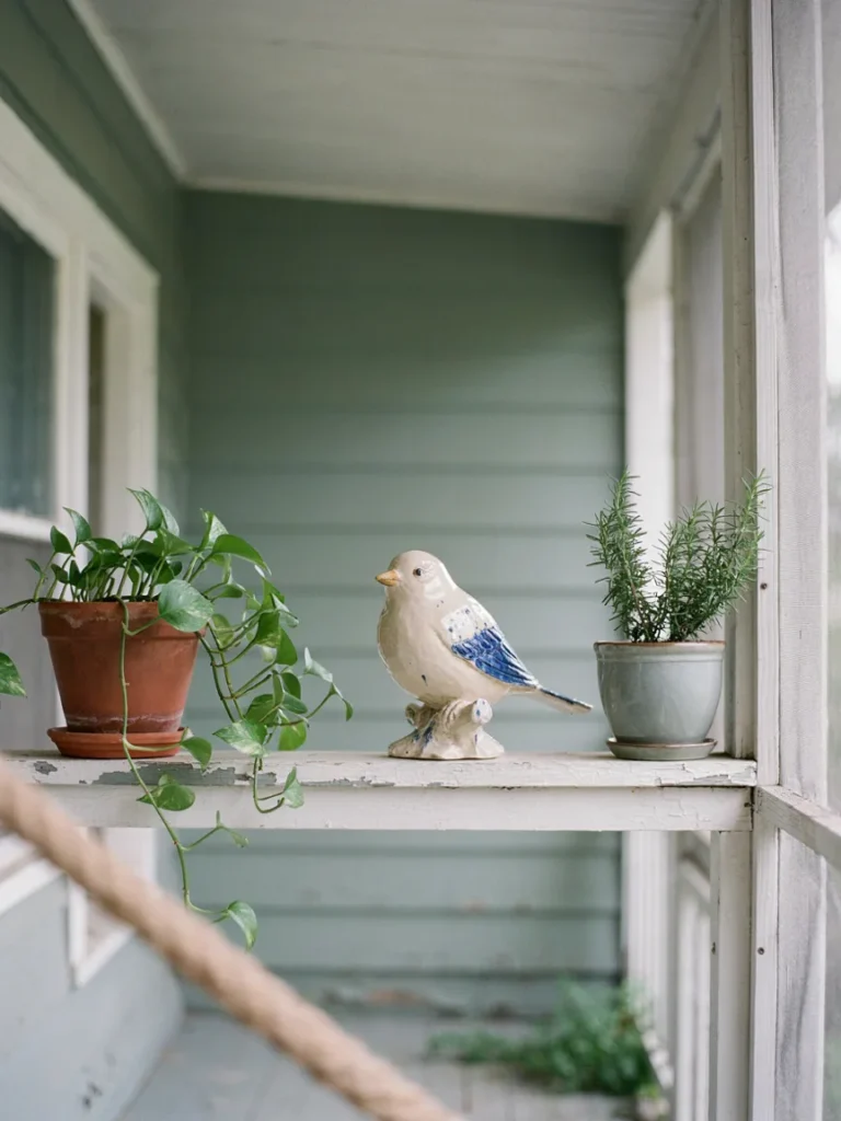 A hand painted ceramic owl or songbird figure displayed on a covered porch shelf surrounded by potted plants.
