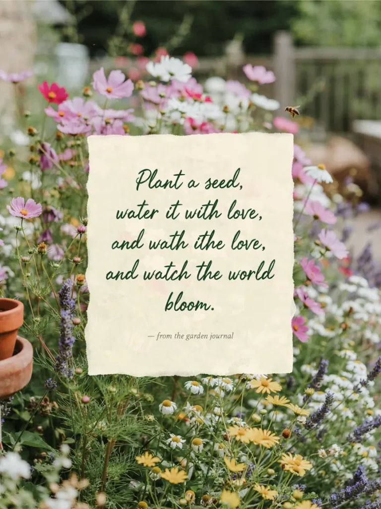 A handwritten style quote card featuring a short gardening quote overlaid on a soft focus photo of a blooming flower bed