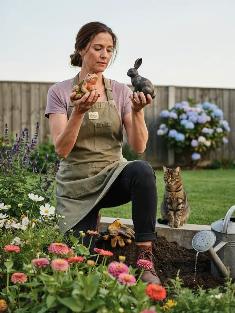 A homeowner or gardener kneeling in a flower bed, comparing two small animal statues side by side before deciding on placement