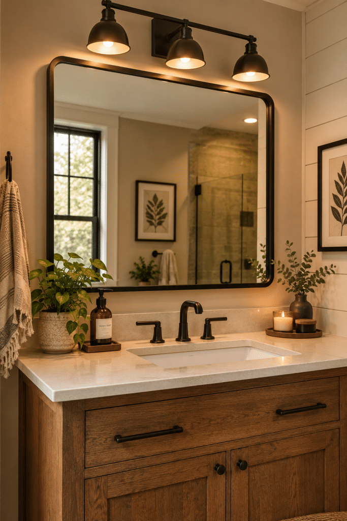 A large round or rectangular mirror with a bold black or brass metal frame