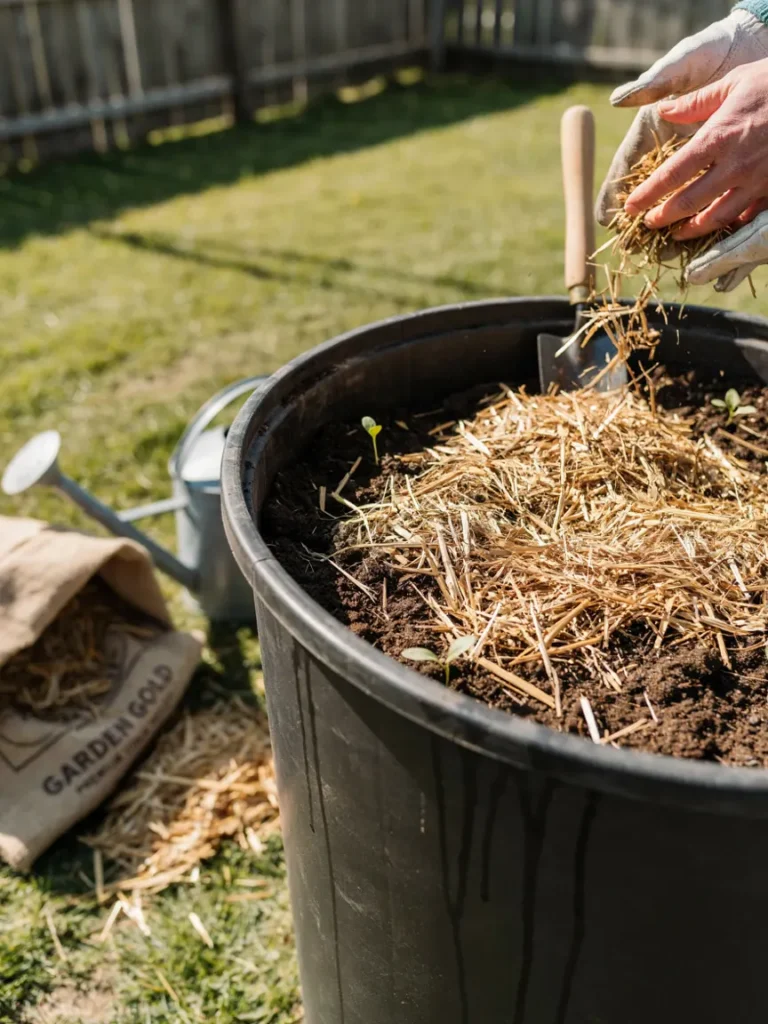 A layer of straw mulch being spread across the soil surface of a barrel garden on a sunny day