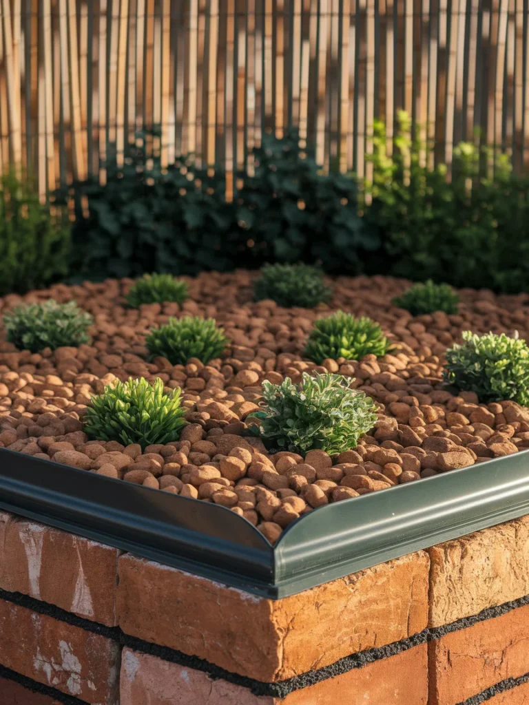 A layered garden bed cross section showing plastic liner at the base, rock as ground cover, brick edging around the perimeter, and a bamboo screen in the background, all working together.
