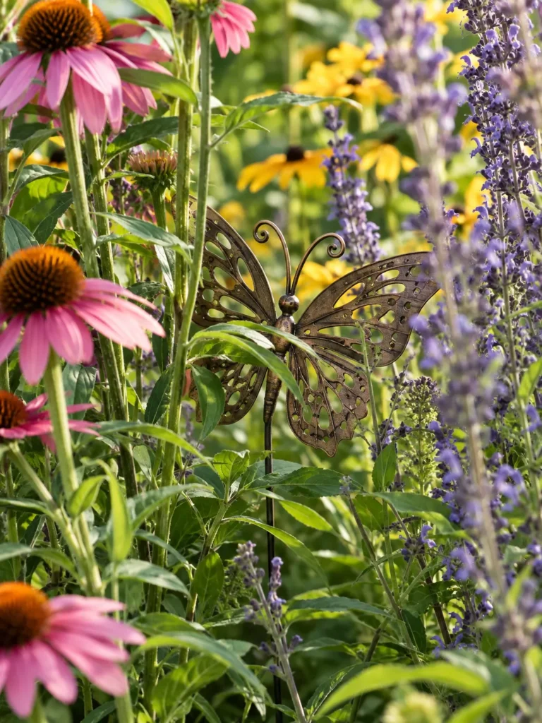 A metal butterfly stake positioned among tall flower stems so it peeks through the foliage rather than standing alone in open space