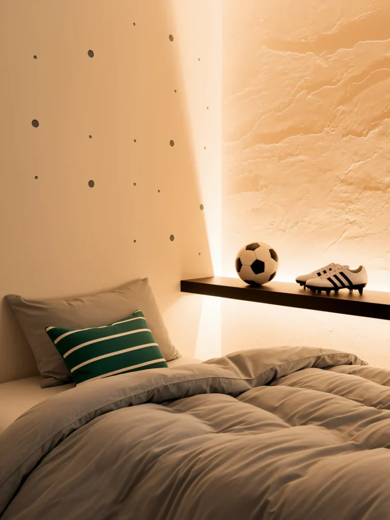 Modern soccer bedroom decor with white walls, gray bedding, green accent, and sleek shelf.