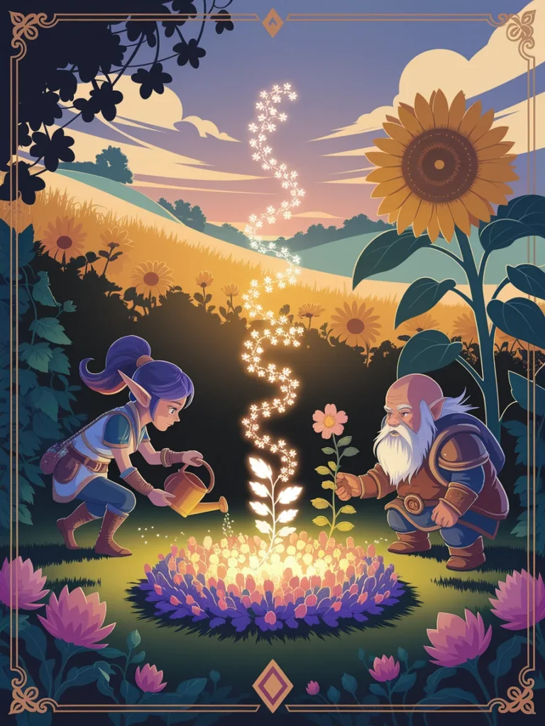 A mobile game event banner style graphic showing two player avatars working together on a shared gardening progress bar