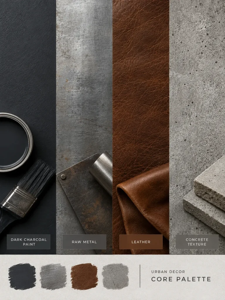A moodboard style graphic showing swatches of dark charcoal paint, raw metal