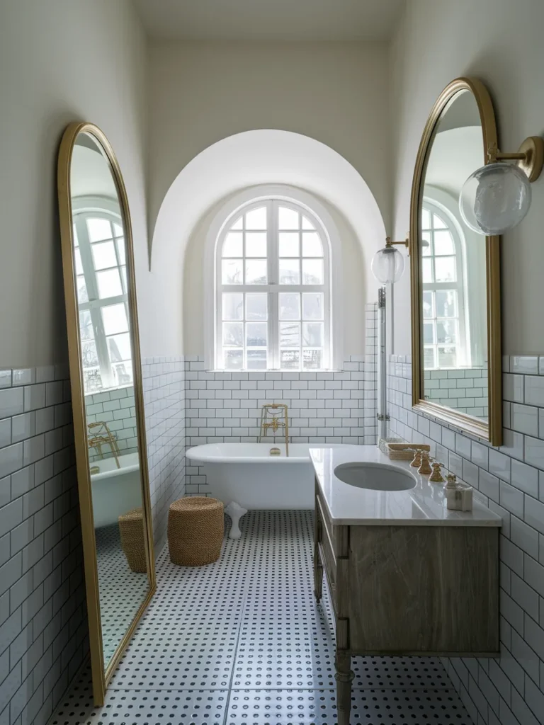 Arched and leaning mirrors making a small apartment bathroom feel larger.