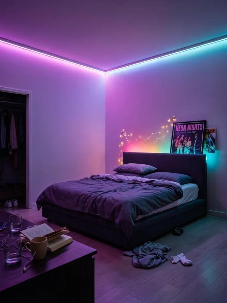 A nighttime shot of a bedroom lit primarily by colorful LED strip lighting along the ceiling edge and behind a headboard.