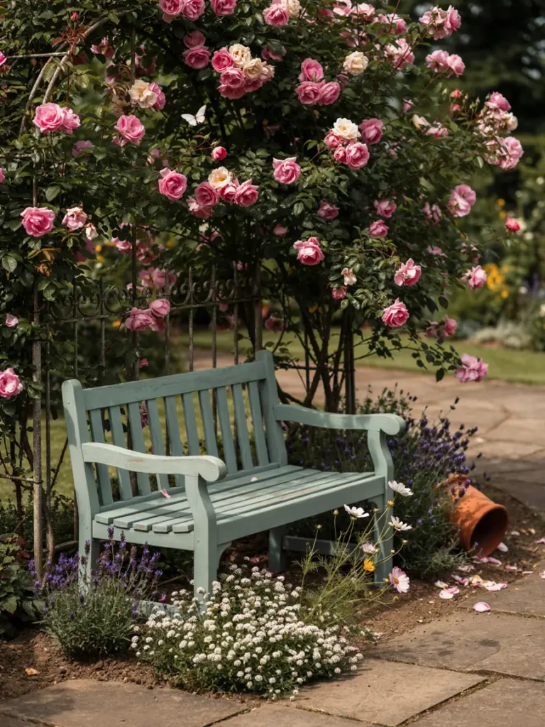 A painted wooden garden bench in sage green, tucked into a flower bed with roses climbing behind it]