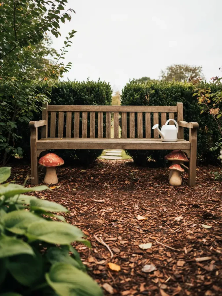 A pair of medium sized mushroom statues flanking a wooden garden bench, showing balanced secondary placement.
