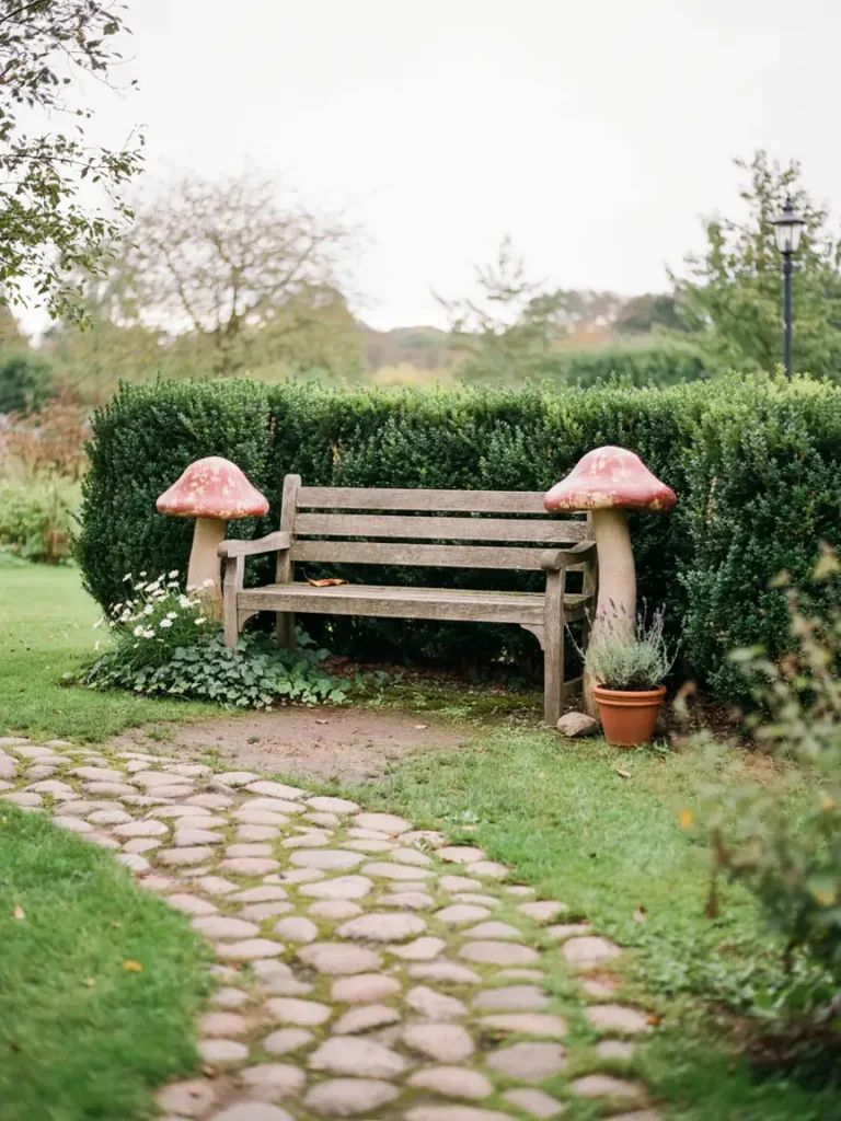 A pair of medium sized mushroom statues flanking a wooden garden bench, showing balanced secondary placement..