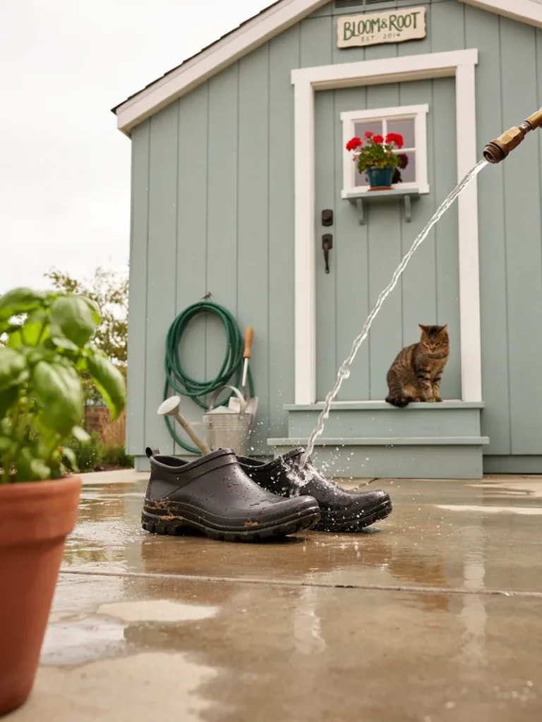 A pair of rubber gardening clogs being rinsed clean with a garden hose, water droplets visible, set against a backdrop of a tidy garden shed