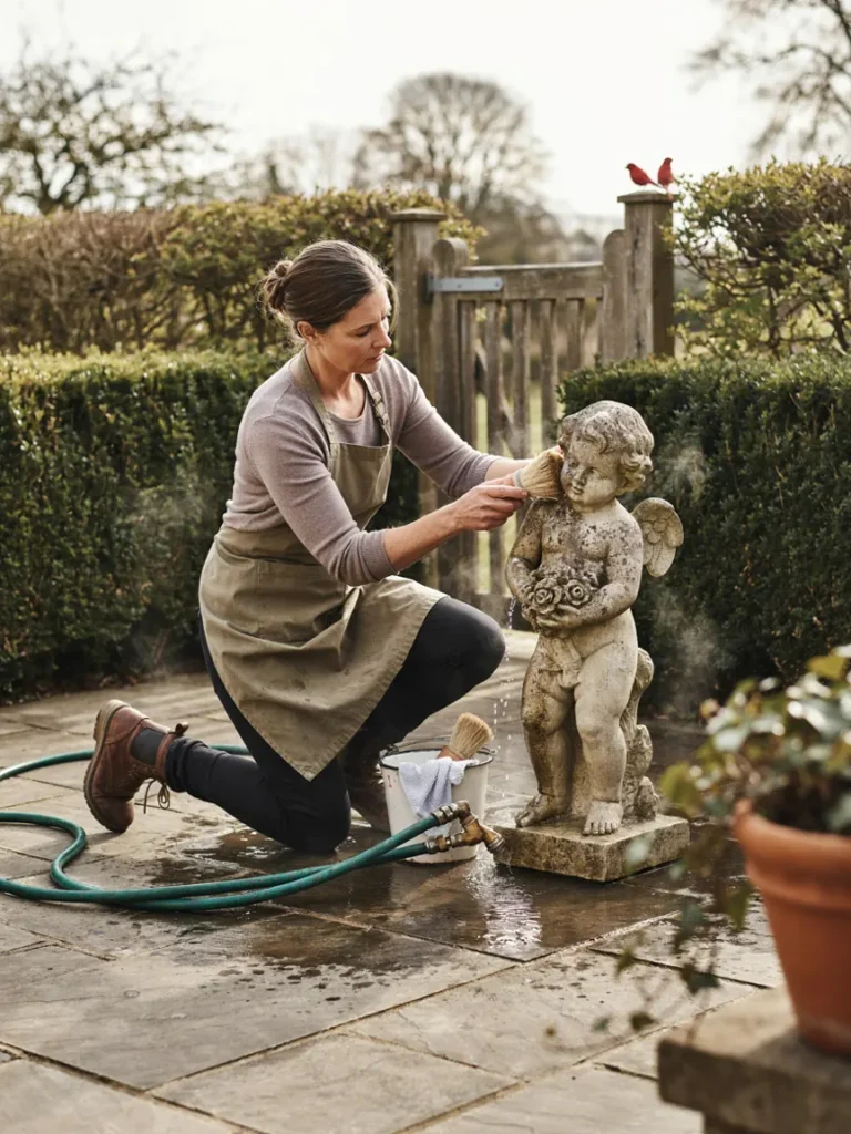A person gently cleaning a garden statue with a soft brush and hose, showing routine upkeep in action.