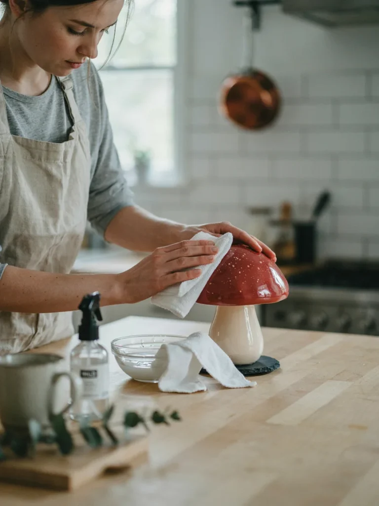 A person gently wiping down a resin mushroom statue with a soft cloth and mild soapy water, illustrating simple routine cleaning.