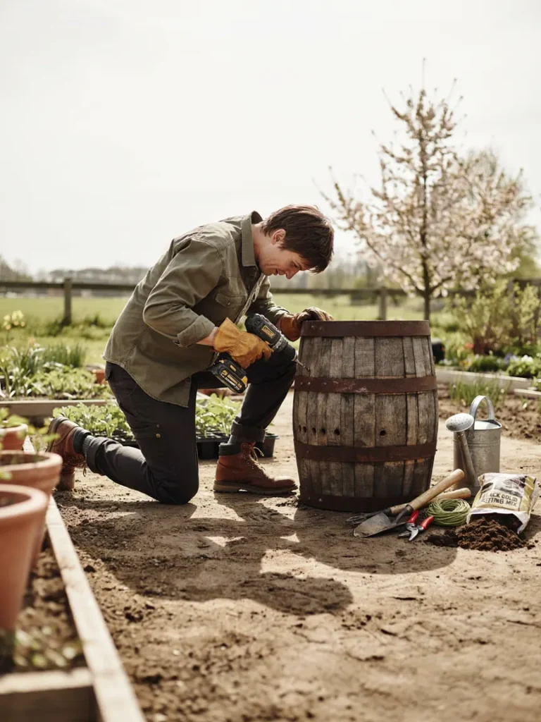 A person kneeling beside an empty barrel with a drill in hand, gloves on, preparing to set it up for planting, gardening tools laid out nearby.
