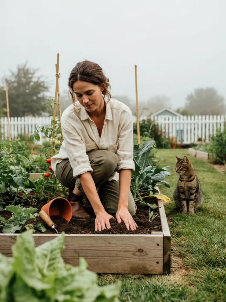 A person kneeling in a garden bed with hands in the soil, eyes closed, appearing calm and content, illustrating the therapeutic feel of gardening.