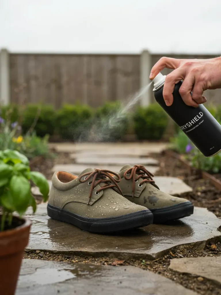 A person spraying waterproofing spray onto a canvas gardening shoe outdoors, with water beading visibly on the treated fabric.