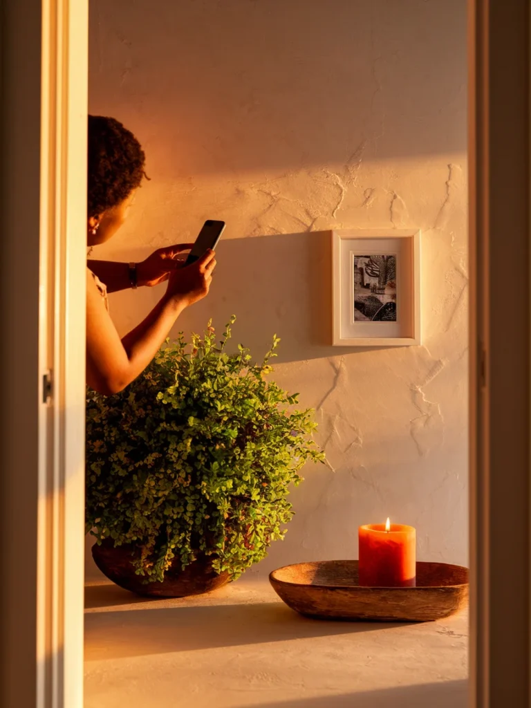 Taking a final photo of a refreshed small apartment bathroom after a weekend makeover.