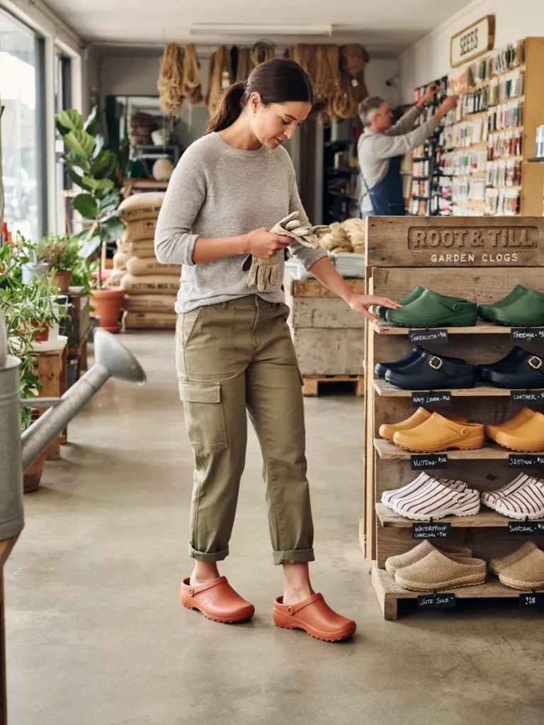 A person trying on a pair of gardening clogs in a garden supply store, bending their knees to test comfort and fit, with several other clog styles displayed on a shelf nearby.