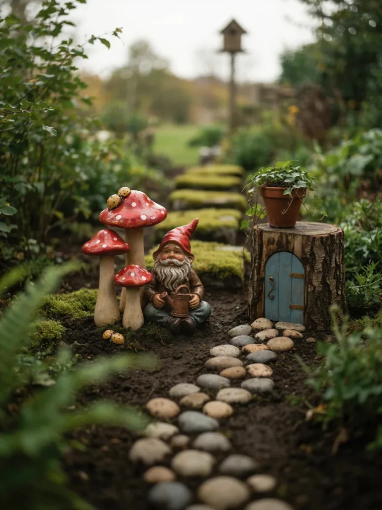 A personalized garden vignette combining mushroom decor with other whimsical elements like gnomes or fairy doors, reflecting individual style.