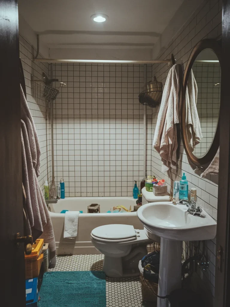 Cramped small apartment bathroom with cluttered counter and dim lighting