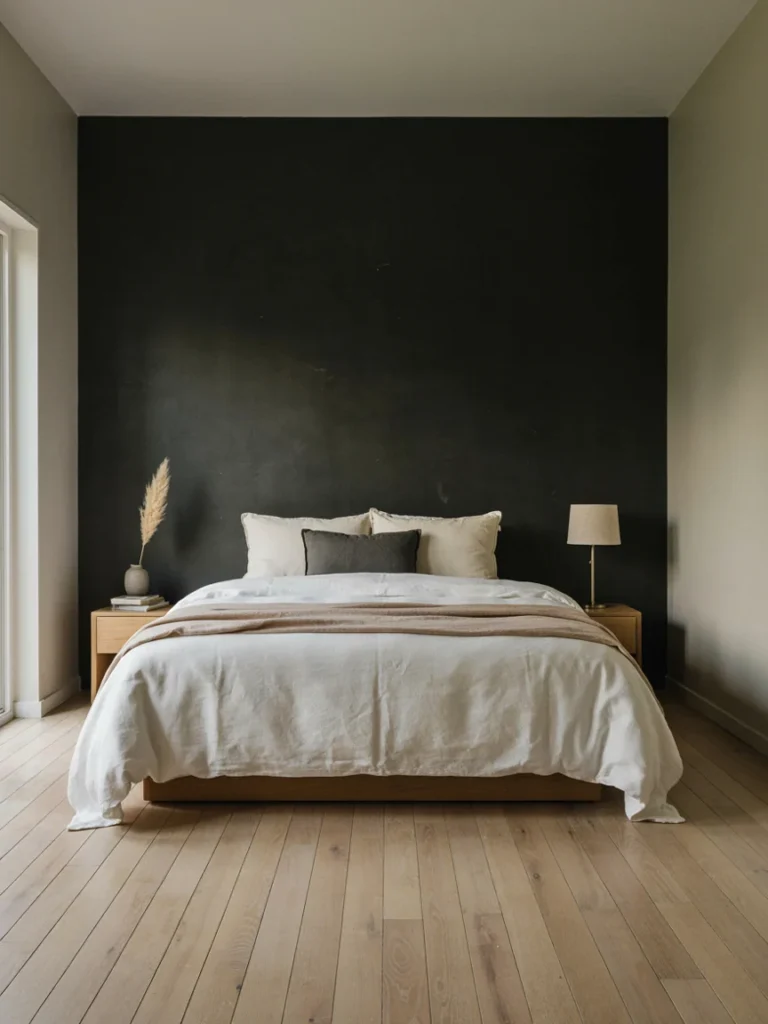 A photo of a single dark accent wall behind a bed, showing the rest of the room in a lighter neutral for contrast