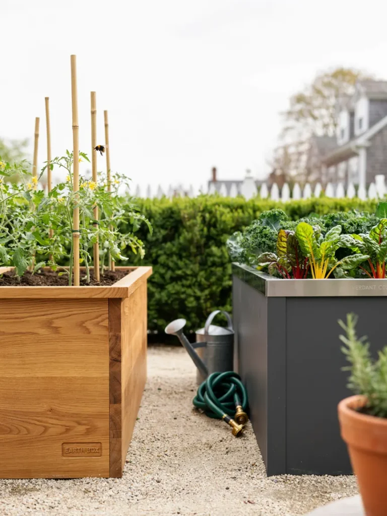 A polished earth box system and a sleek metal raised bed displayed together in a well maintained garden, representing premium container options